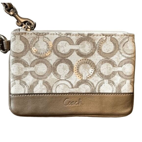 NEW Coach Kristen OP ART Sequin Wristlet #45096 Signature Canvas Bronze Taupe - Picture 1 of 8